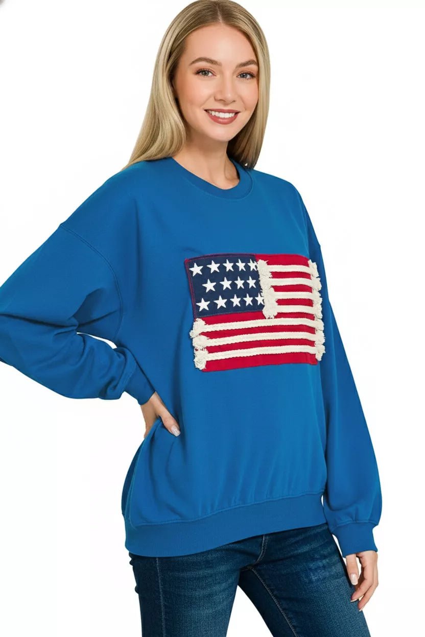 Zenana French Terry American Flag Pullover - Bitsy Gypsy Boutique