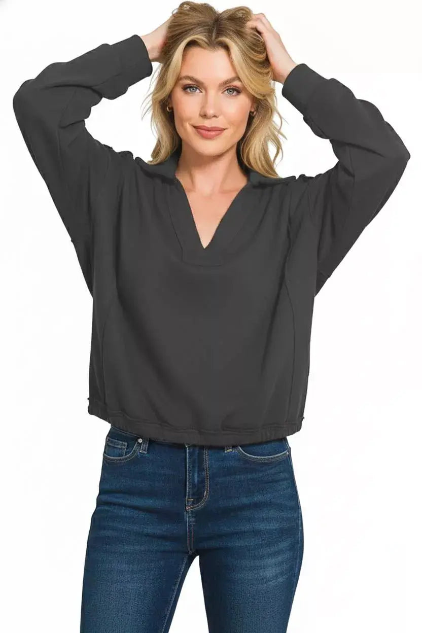 Zenana French Terry Collared Exposed Seam Sweatshirt by Trendsi