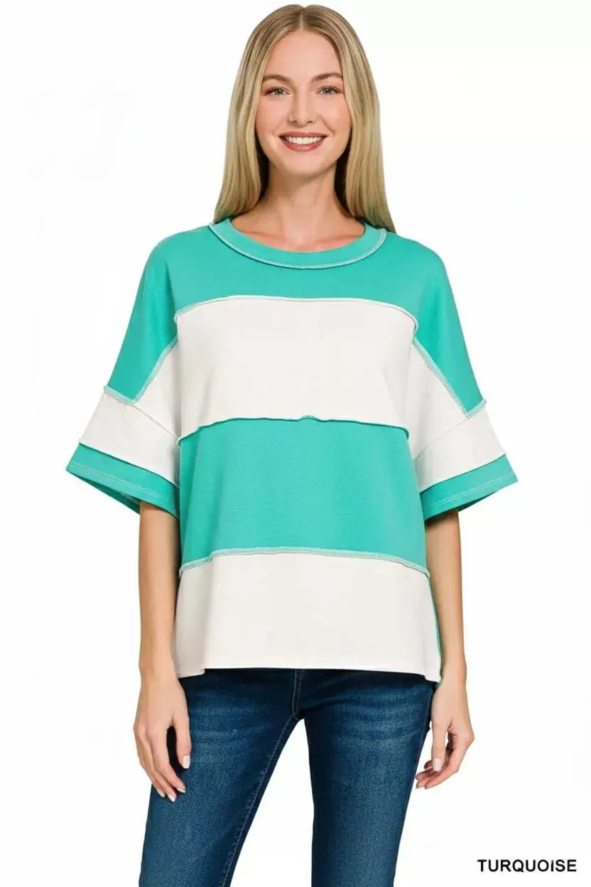 Zenana French Terry Color Block Exposed Seam Top by Trendsi