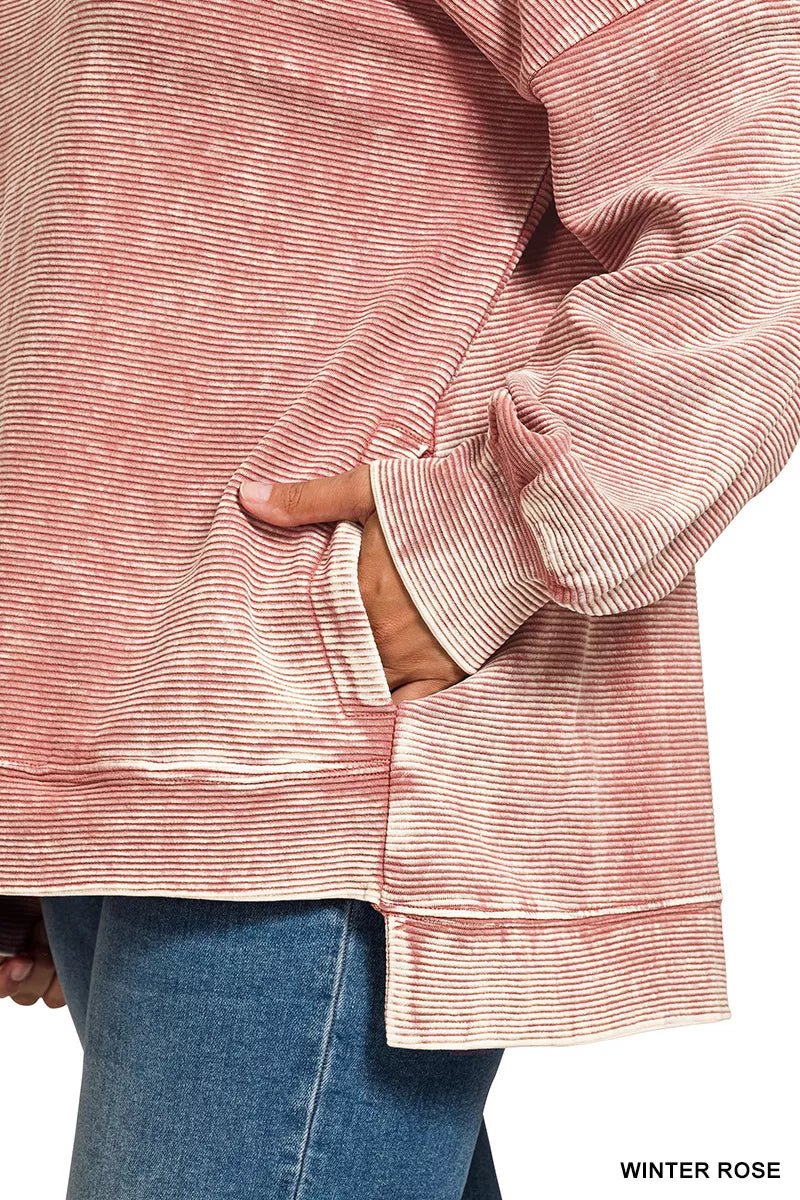 Zenana Full Size Acid Washed Double Ribbed Hi - low Sweatshirt Plus Size - Bitsy Gypsy Boutique