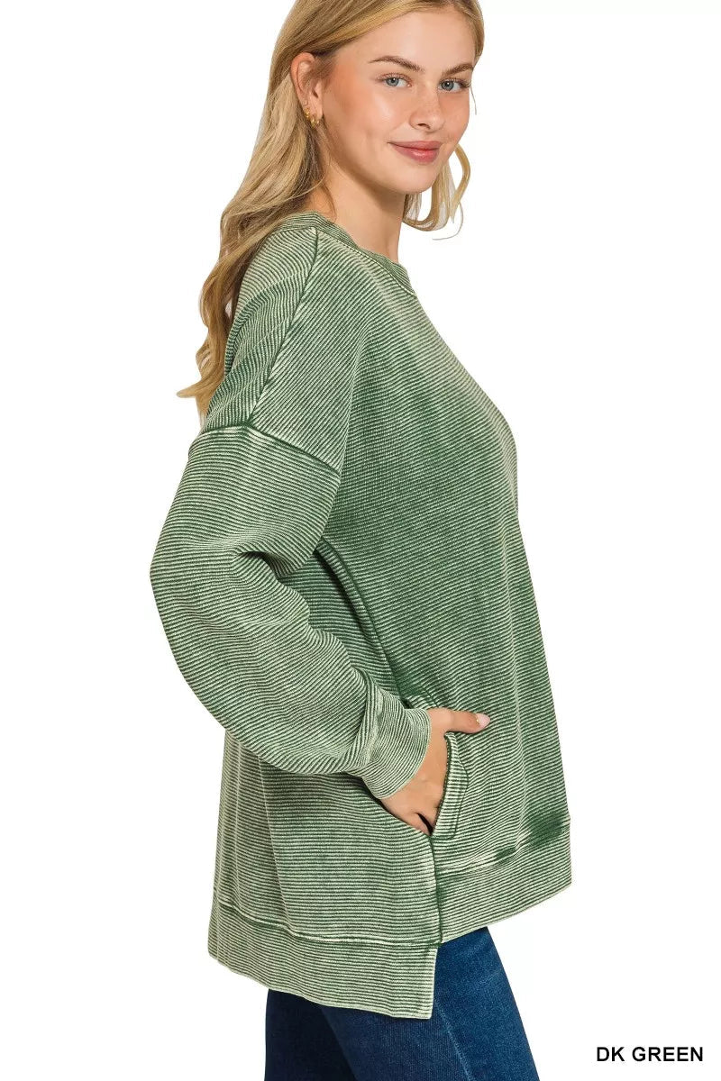 Zenana Full Size Acid Washed Double Ribbed Hi - low Sweatshirt Plus Size - Bitsy Gypsy Boutique