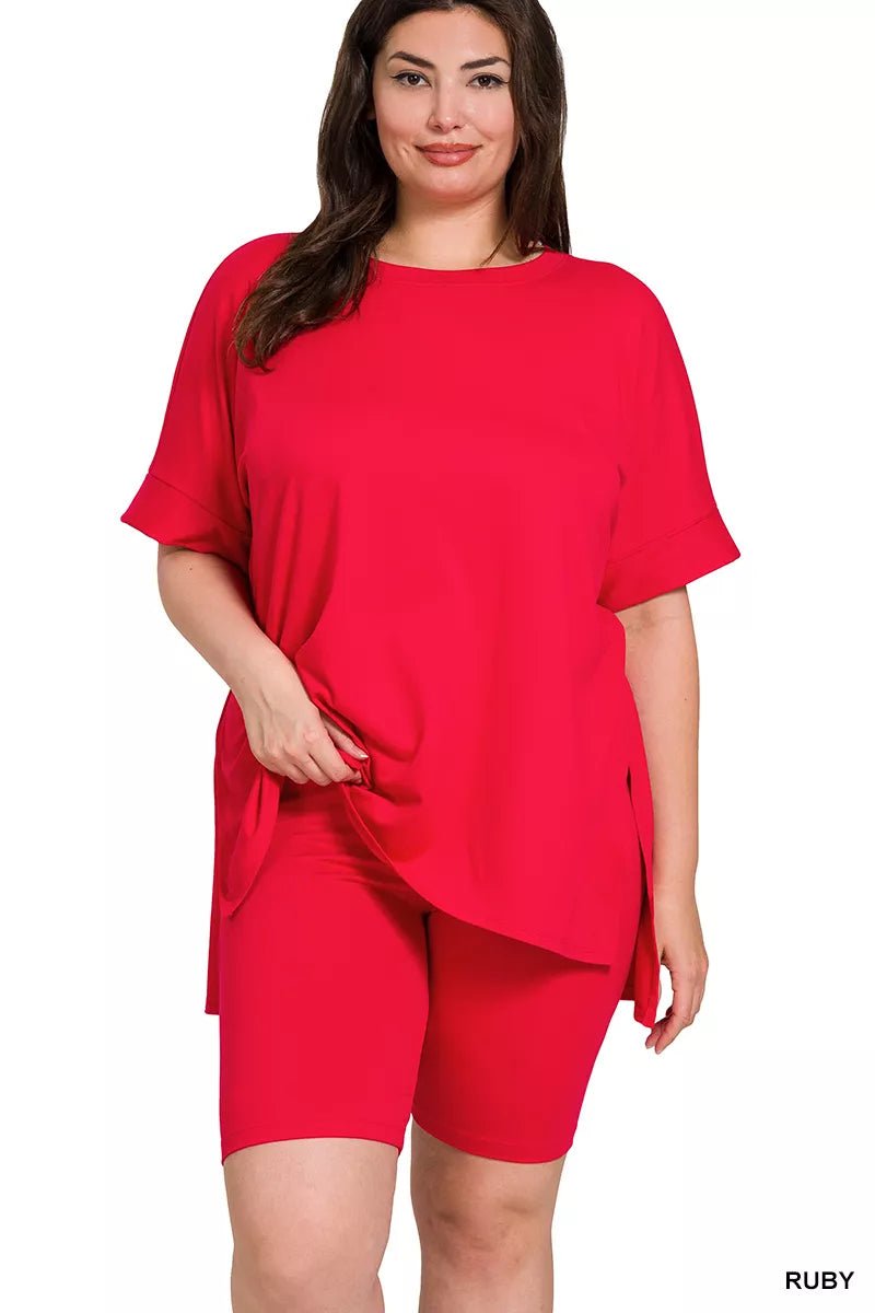 Zenana Full Size Brushed Dty Microfiber Round Neck Top and Biker Shorts Set Plus Size - Bitsy Gypsy Boutique