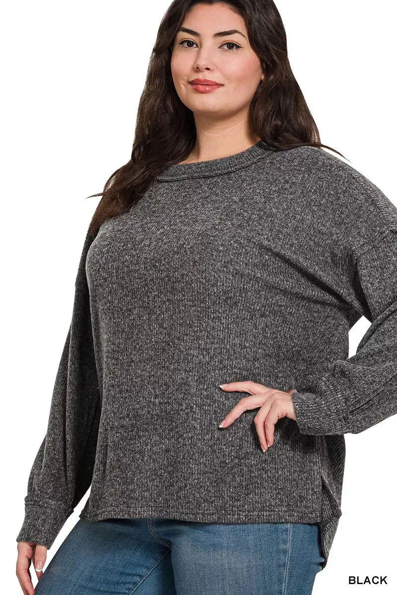 Zenana Full Size Brushed Ribbed Hacci Drop Shoulder Sweater Plus Size by Trendsi