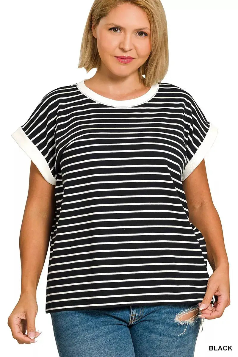 Zenana Full Size Contrast Trim Cap Sleeve Stripe Tee Plus Size by Trendsi