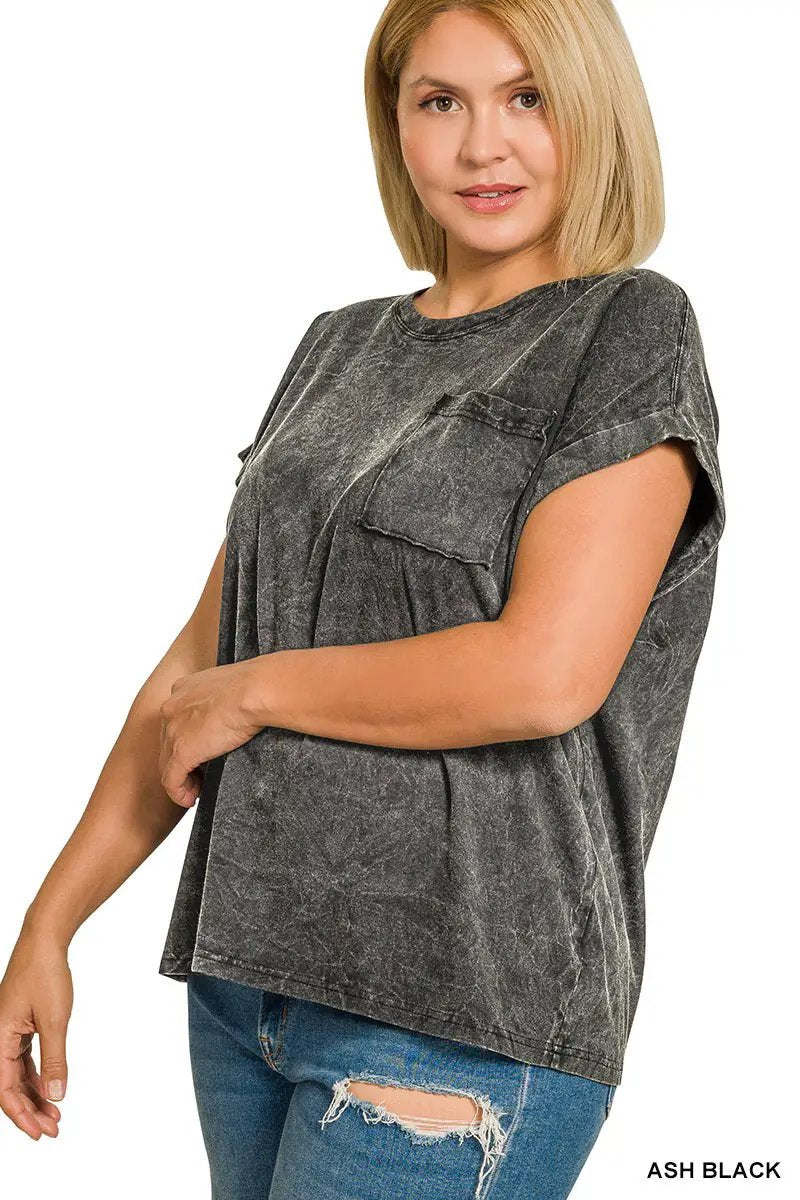 Zenana Full Size Crinkle Washed Round Neck Folded Short Sleeve Tee Plus Size by Trendsi