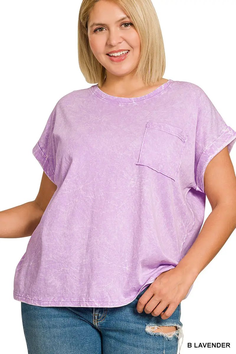 Zenana Full Size Crinkle Washed Round Neck Folded Short Sleeve Tee Plus Size by Trendsi