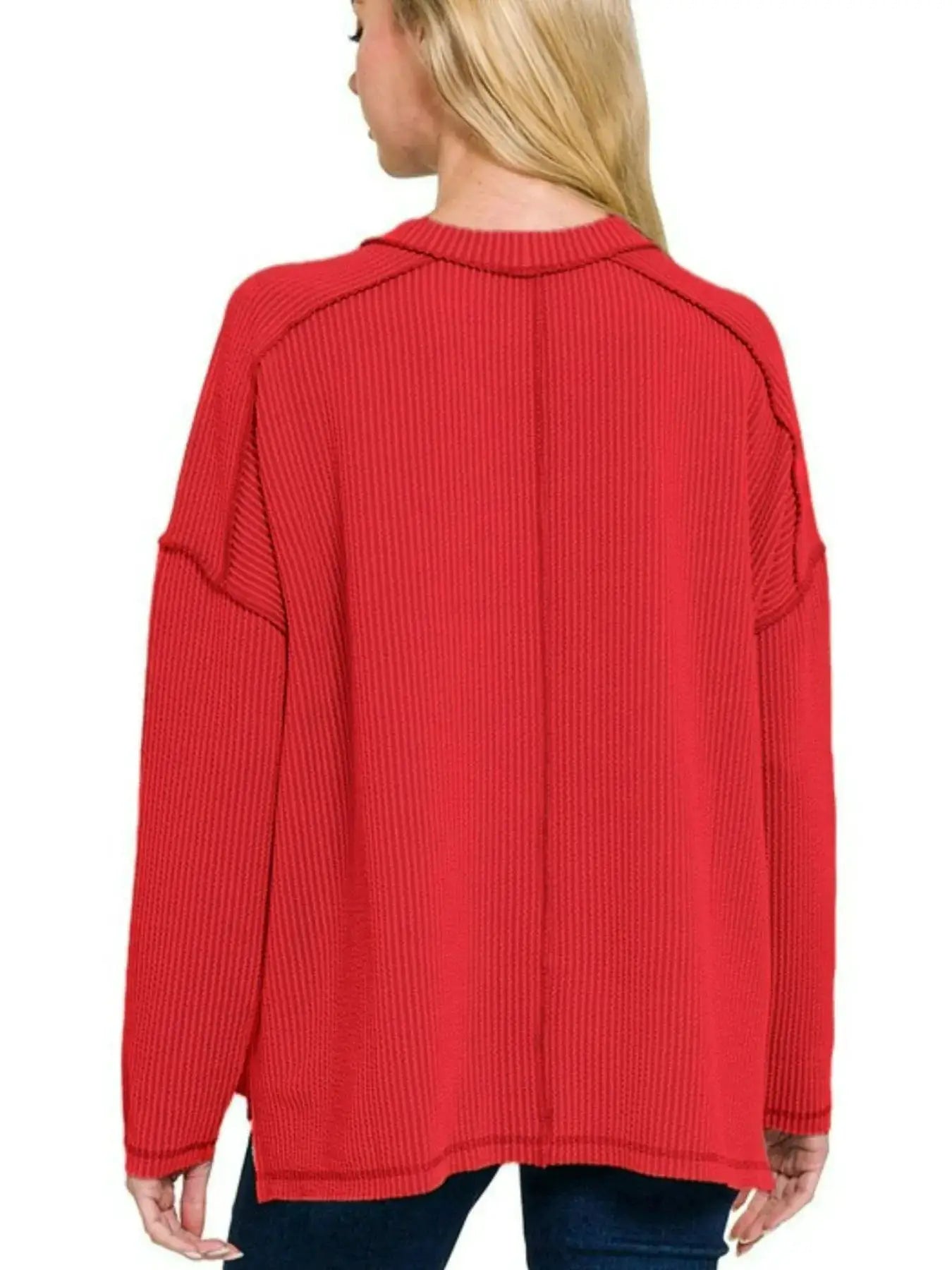 Zenana Full Size Exposed Seam Long Sleeve Corded Rib Knit Top Plus Size by Trendsi