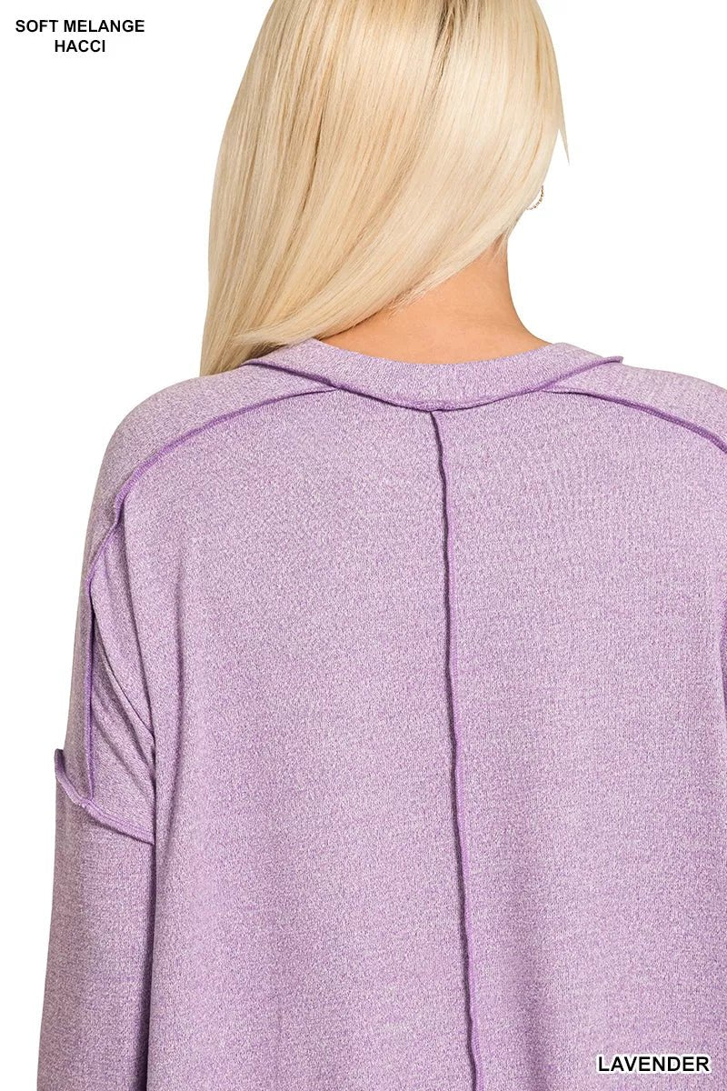 Zenana Full Size Melange Hacci Exposed Seam Hi - low Tee Plus Size - Bitsy Gypsy Boutique