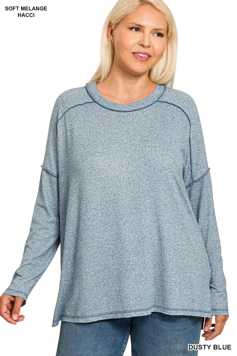 Zenana Full Size Melange Hacci Exposed Seam Hi - low Tee Plus Size - Bitsy Gypsy Boutique