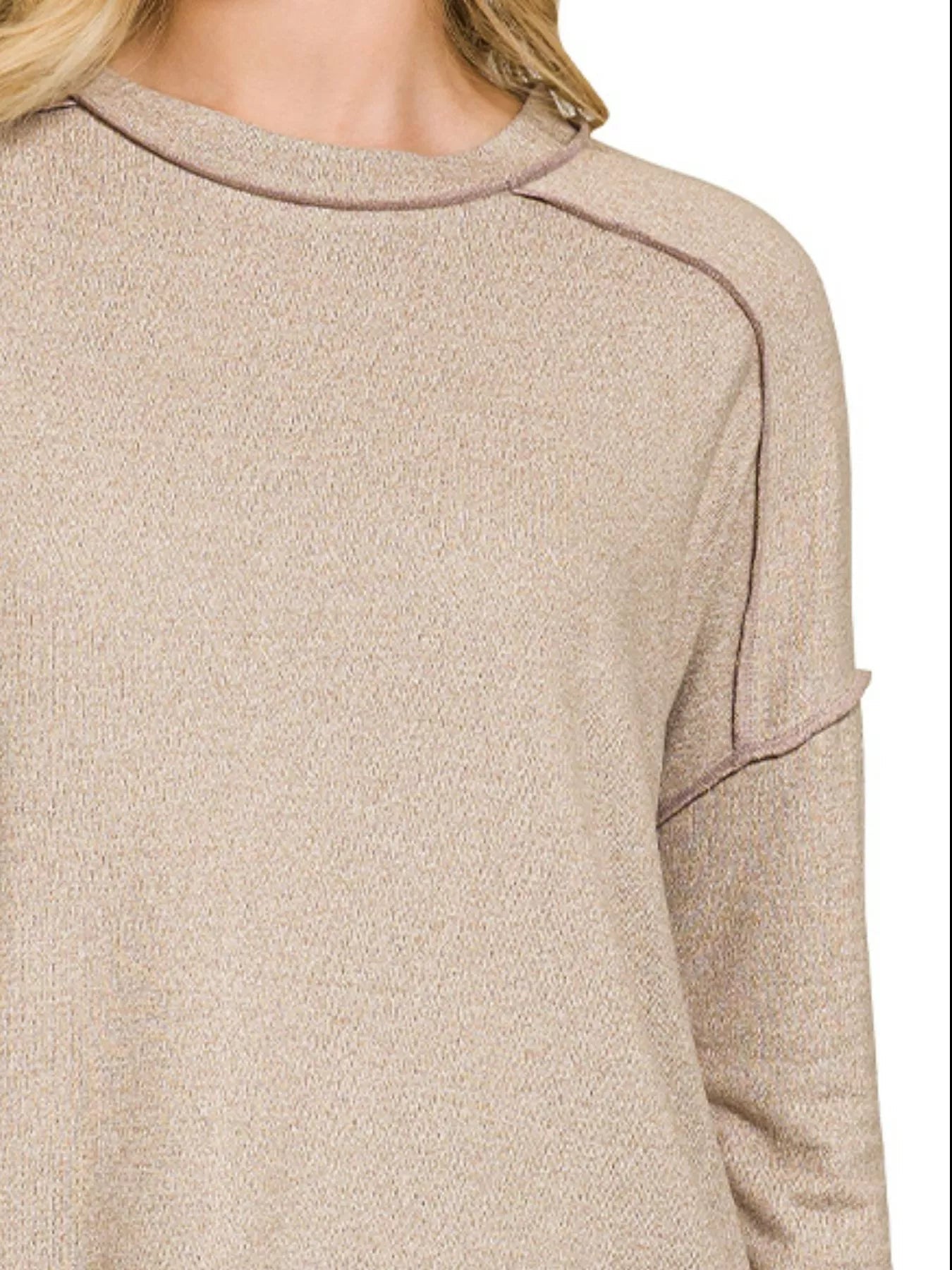 Zenana Full Size Melange Hacci Exposed Seam Hi - low Tee Plus Size - Bitsy Gypsy Boutique