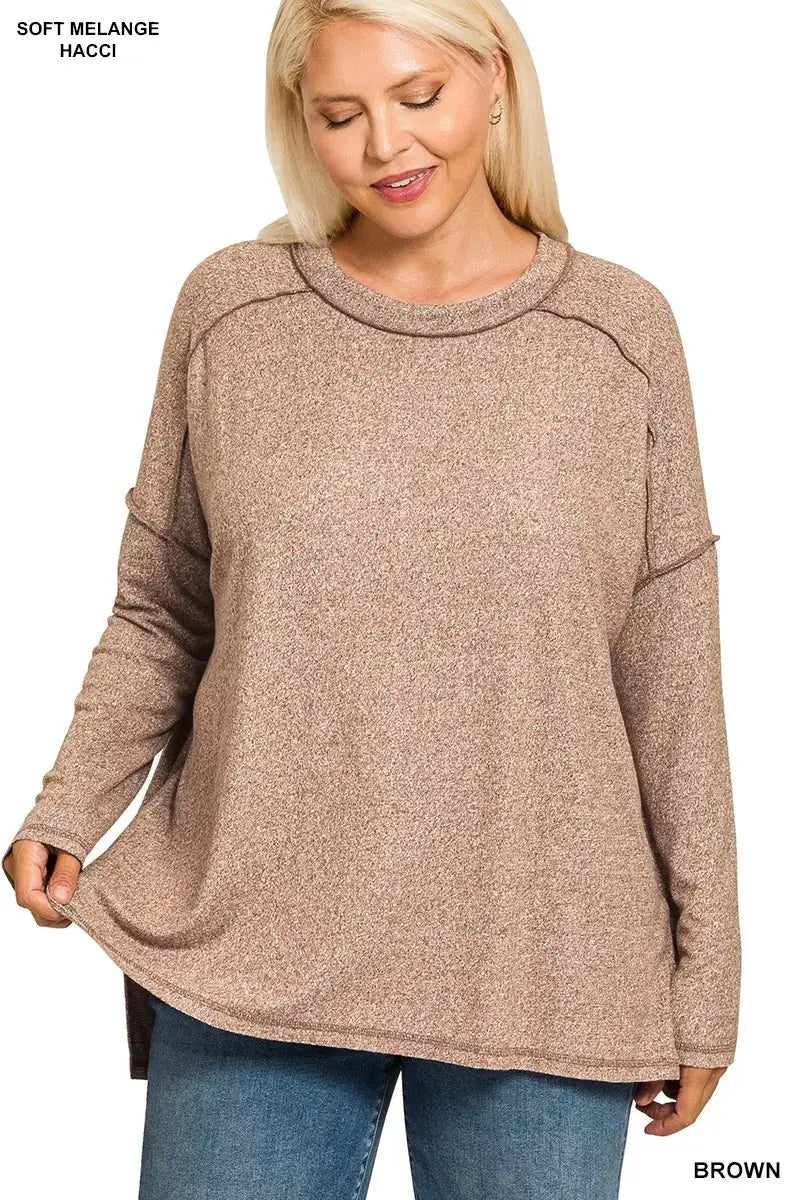 Zenana Full Size Melange Hacci Exposed Seam Hi-low Tee Plus Size by Trendsi