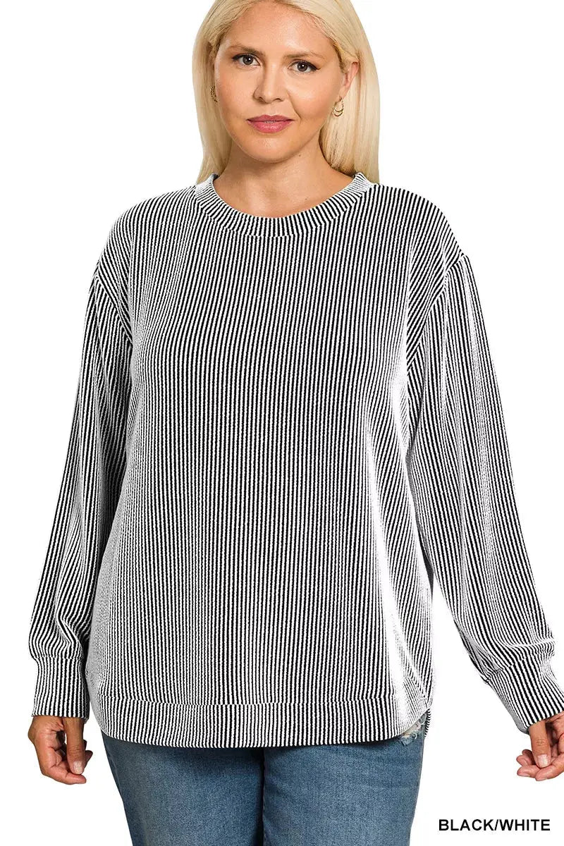 Zenana Full Size Raised Rib Round Neck Long Sleeve Top Plus Size by Trendsi
