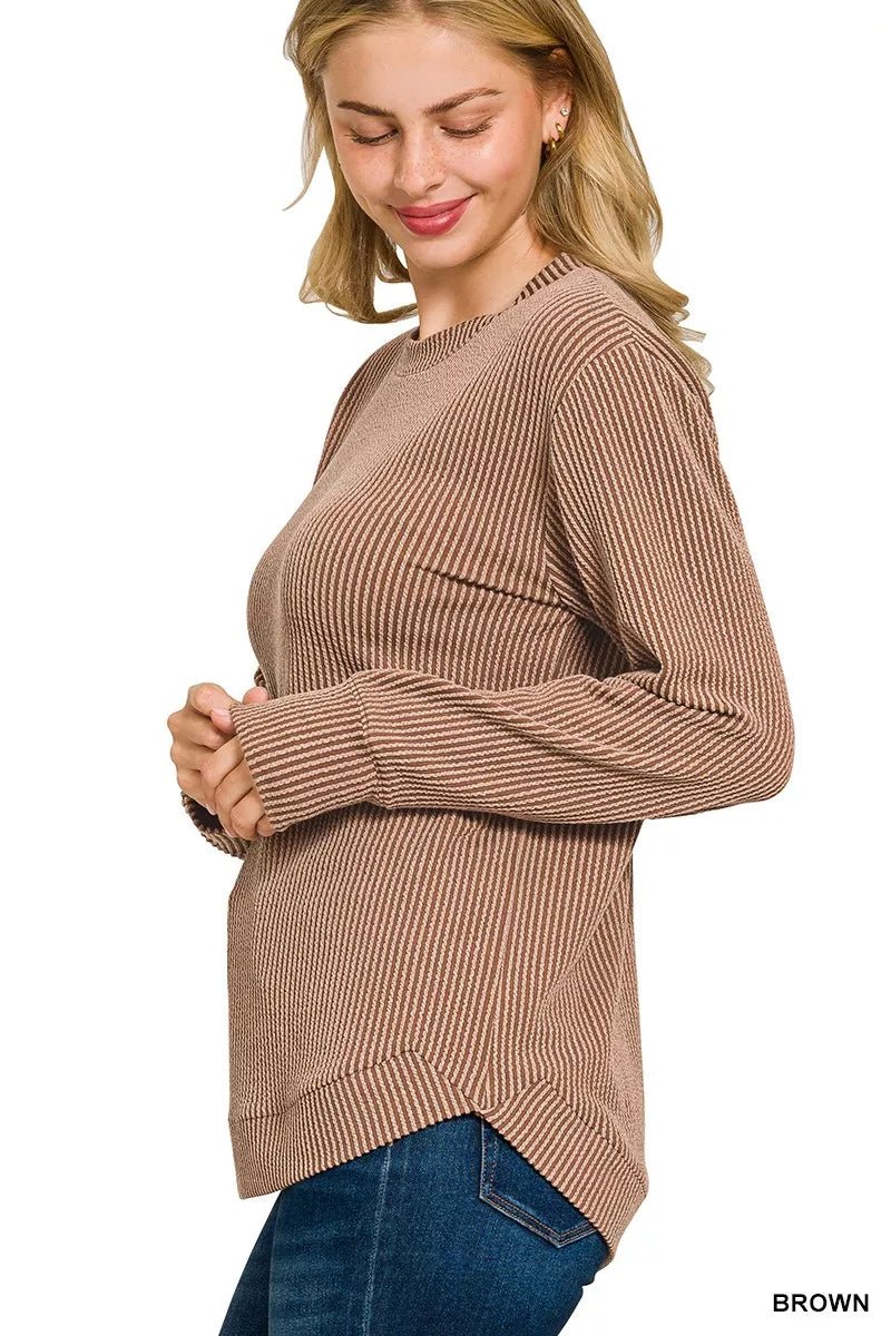 Zenana Full Size Raised Rib Round Neck Long Sleeve Top Plus Size - Bitsy Gypsy Boutique