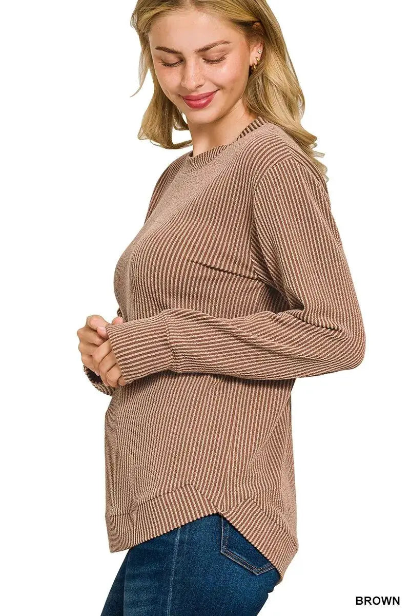 Zenana Full Size Raised Rib Round Neck Long Sleeve Top Plus Size by Trendsi