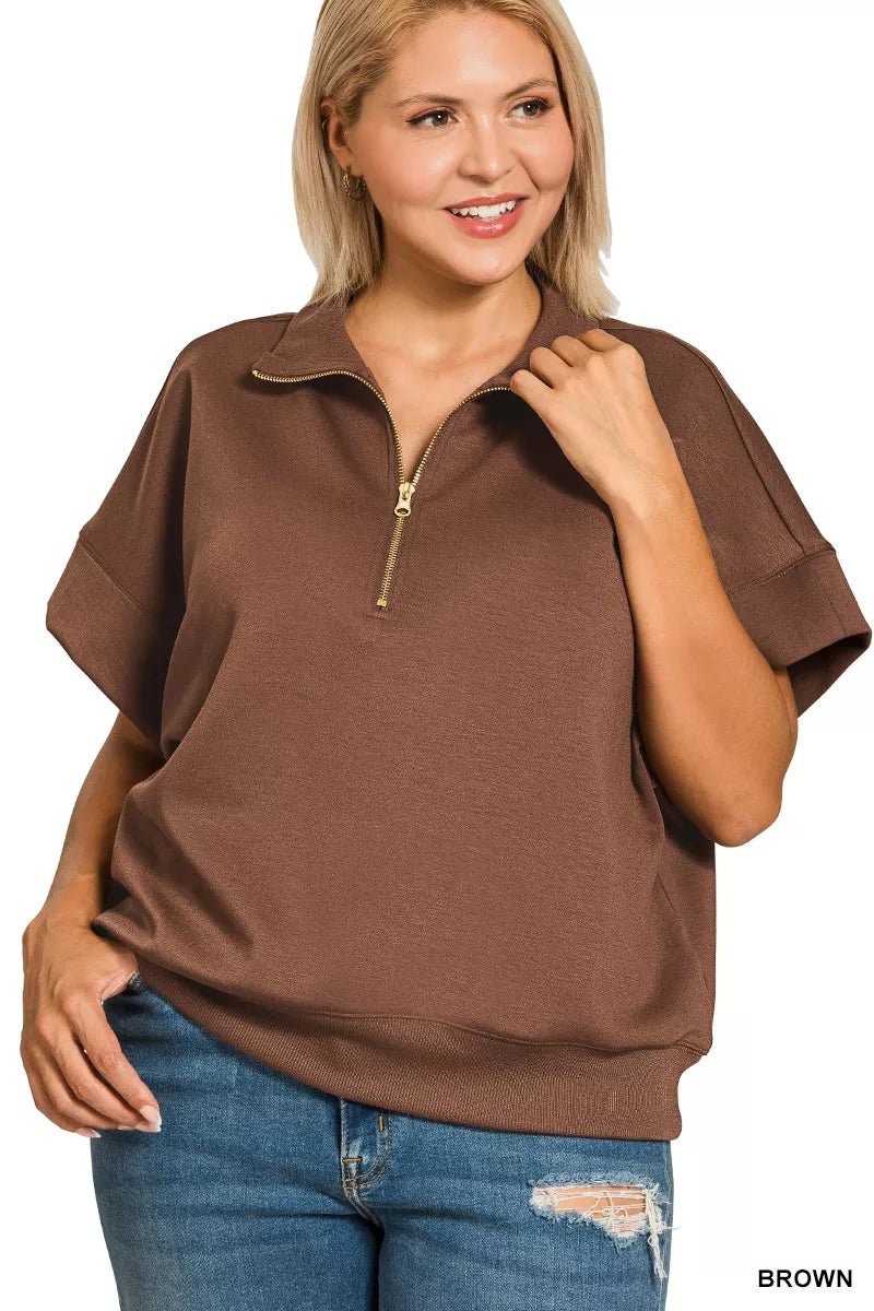 Zenana Full Size Scuba High Neck Half Zip Short Sleeve Top Plus Size - Bitsy Gypsy Boutique