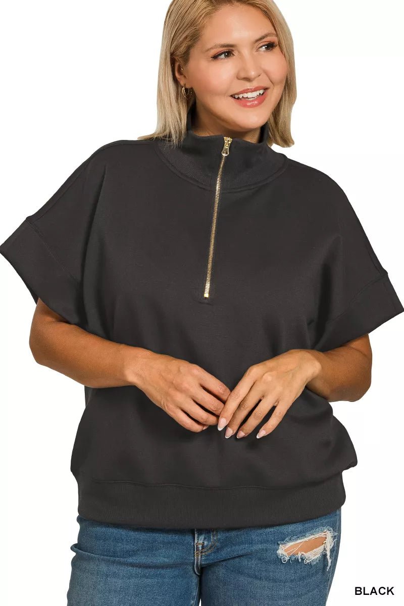 Zenana Full Size Scuba High Neck Half Zip Short Sleeve Top Plus Size - Bitsy Gypsy Boutique