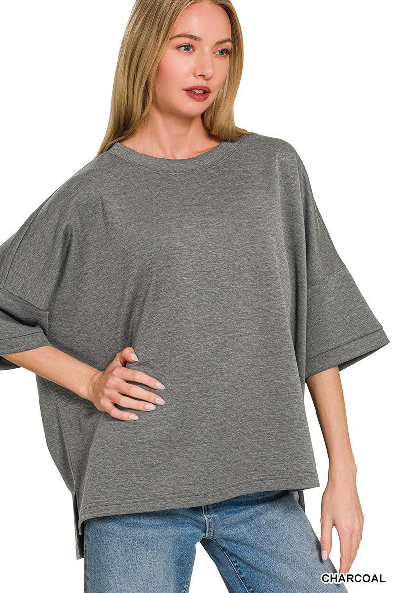 Zenana Full Size Scuba Round Neck Top With Side Slits Plus Size - Bitsy Gypsy Boutique