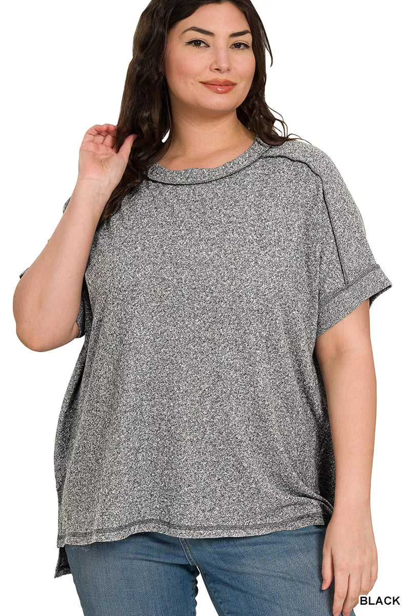 Zenana Full Size Soft Melange Hacci Short Sleeve Hi - low Tee Plus Size - Bitsy Gypsy Boutique