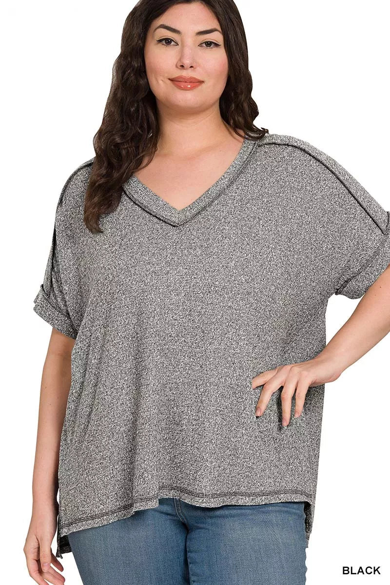 Zenana Full Size Soft Melange Hacci V - Neck Short Sleeve Hi - low Tee Plus Size - Bitsy Gypsy Boutique