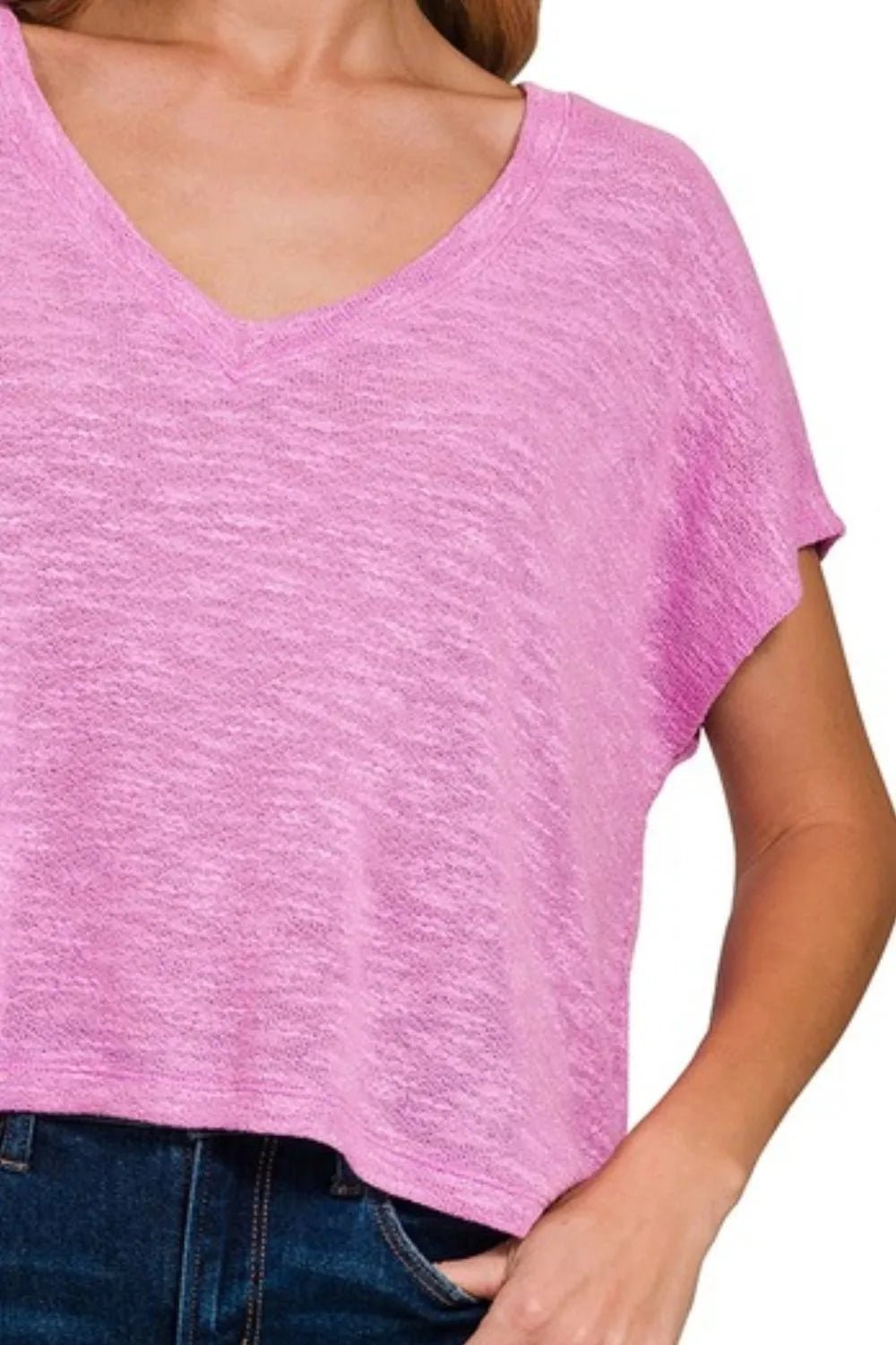 Zenana Hacci Slub V - neck Drop Shoulder Crop Top - Bitsy Gypsy Boutique