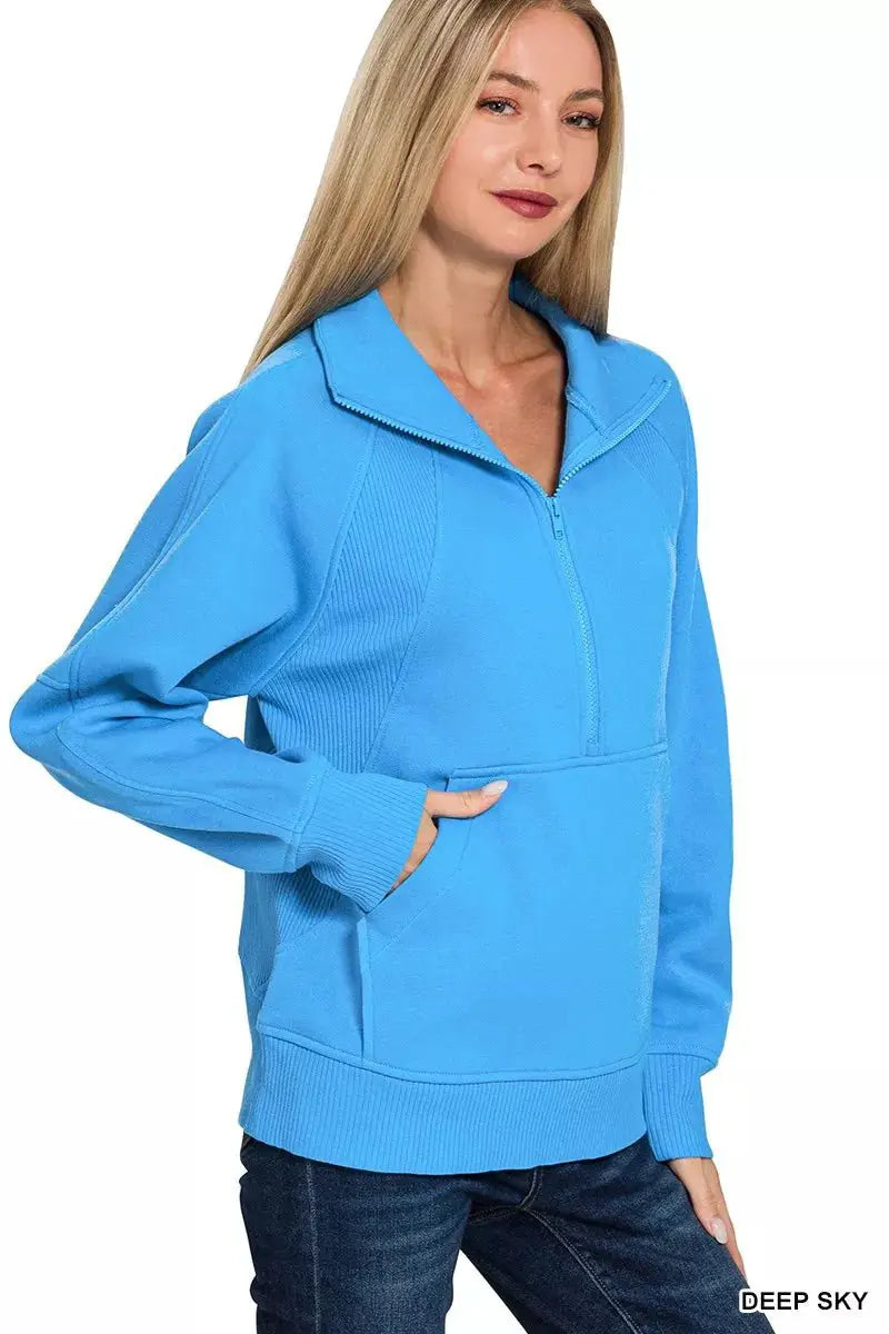 Zenana Half Zip Fleece Sweatshirt with kangaroo Pocket by Trendsi