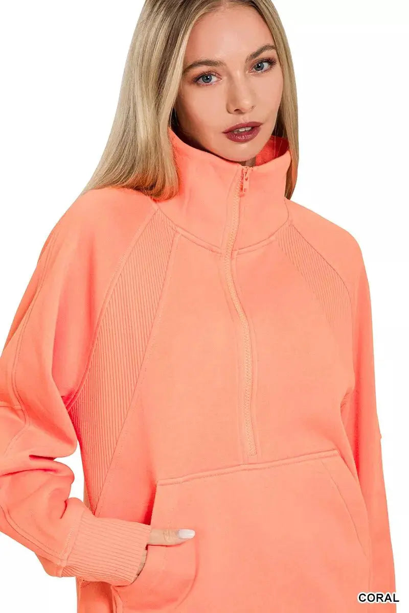 Zenana Half Zip Fleece Sweatshirt with kangaroo Pocket by Trendsi