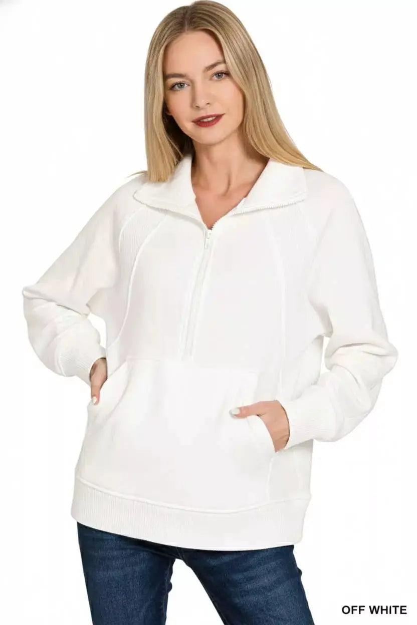 Zenana Half Zip Fleece Sweatshirt with kangaroo Pocket by Trendsi