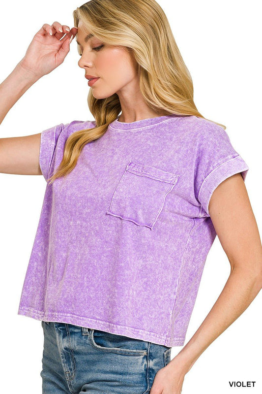 Zenana Halo Snow Washed Cotton Cuffed Short Sleeve Top - Bitsy Gypsy Boutique