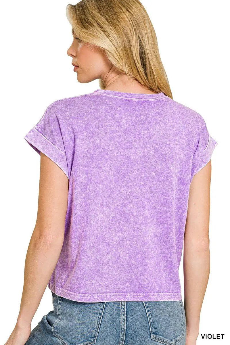 Zenana Halo Snow Washed Cotton Cuffed Short Sleeve Top by Trendsi