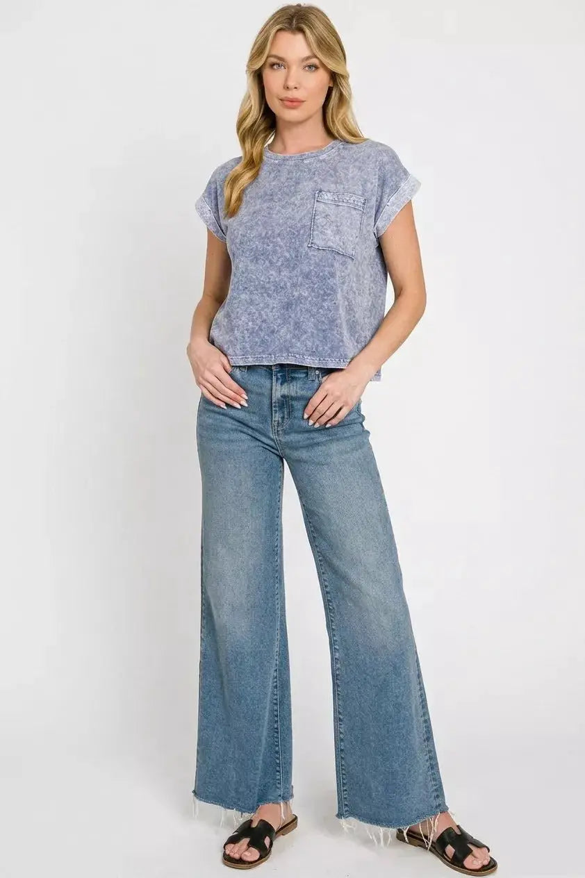 Zenana Halo Snow Washed Cotton Cuffed Short Sleeve Top by Trendsi