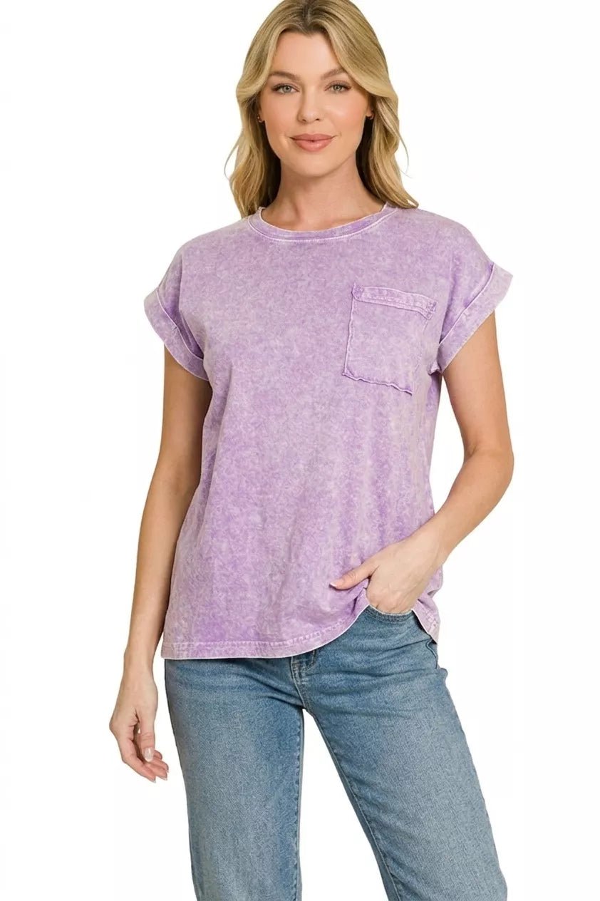 Zenana Halo Snow Washed Cuffed Short Sleeve Tee - Bitsy Gypsy Boutique