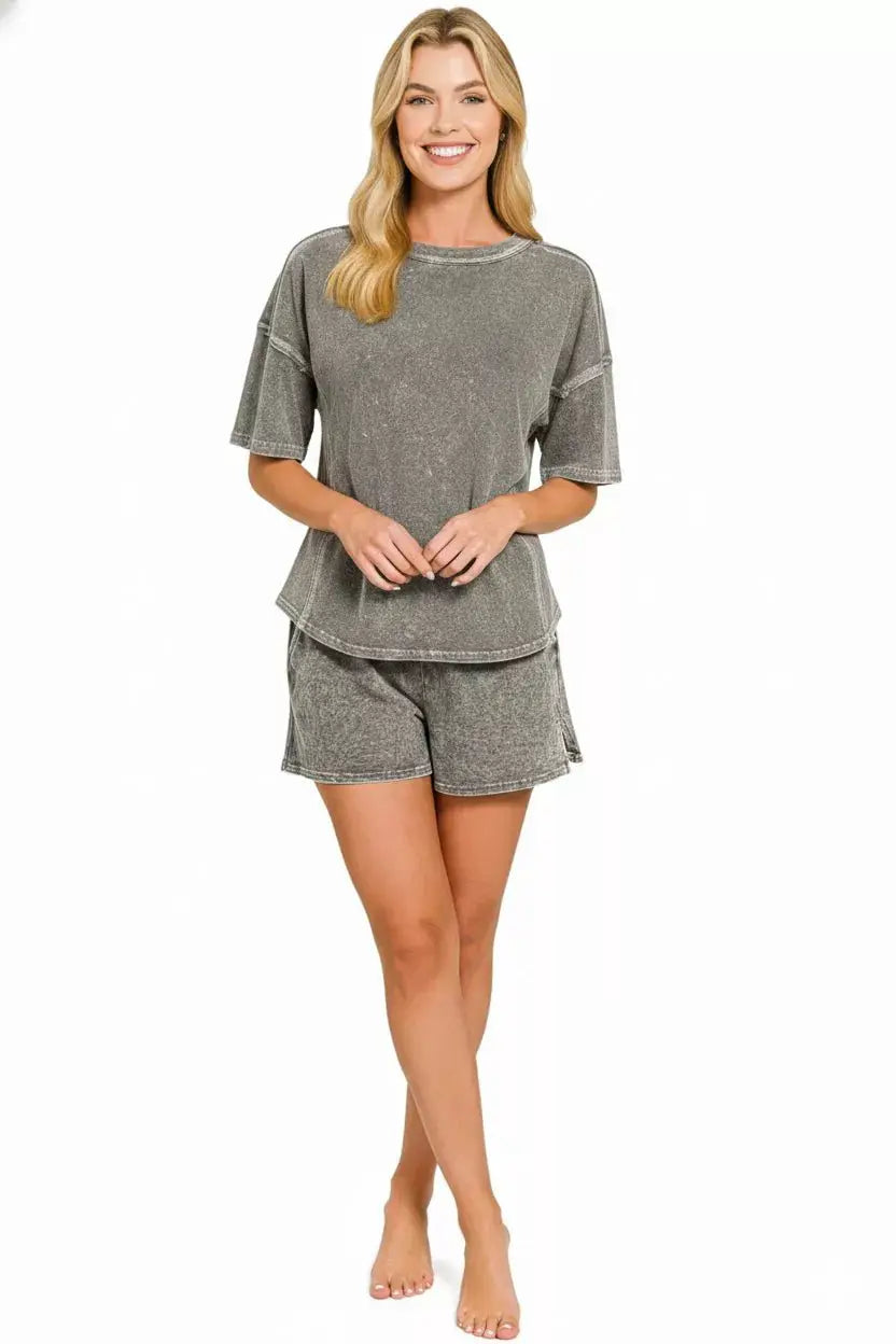 Zenana Halo Snow Washed Short Sleeve Tee and Shorts Set by Trendsi