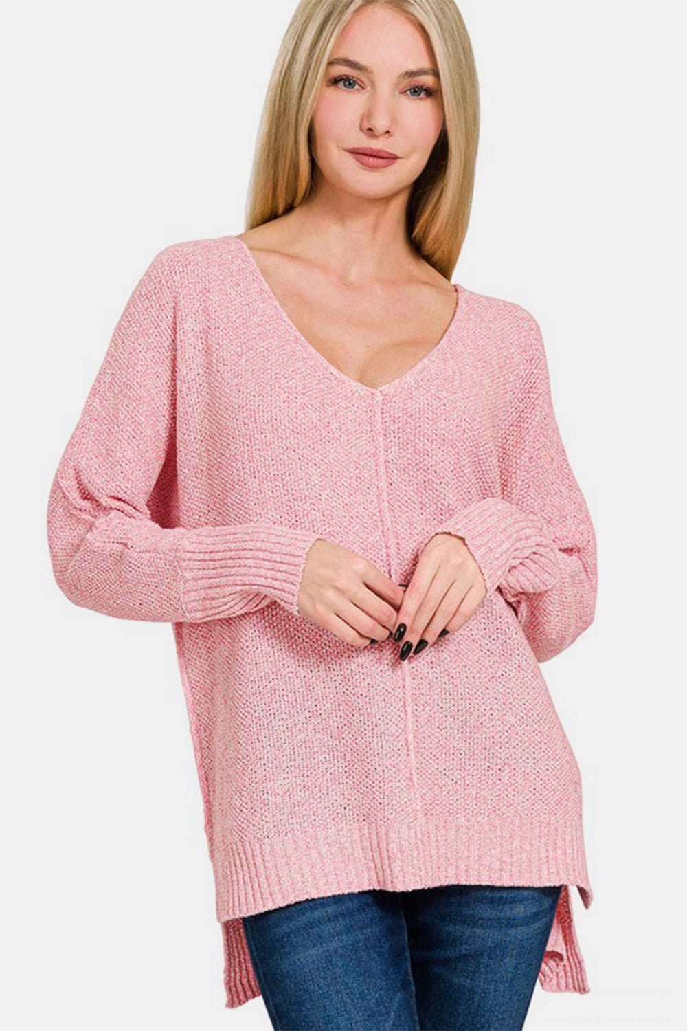 Zenana High - Low Center Seam V - Neck Sweater - Bitsy Gypsy Boutique