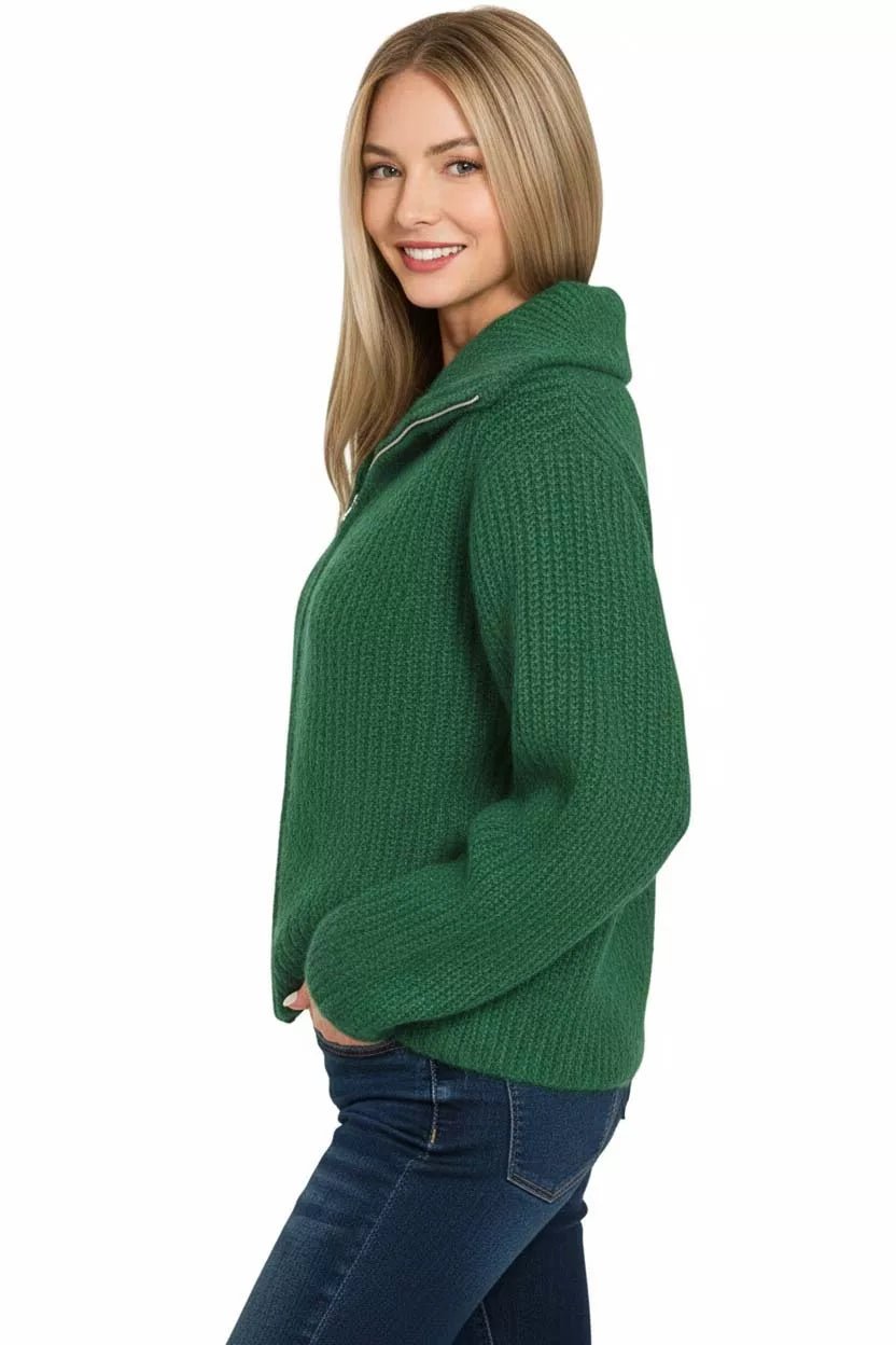 Zenana High Neck Full Zip Sweater Cardigan - Bitsy Gypsy Boutique