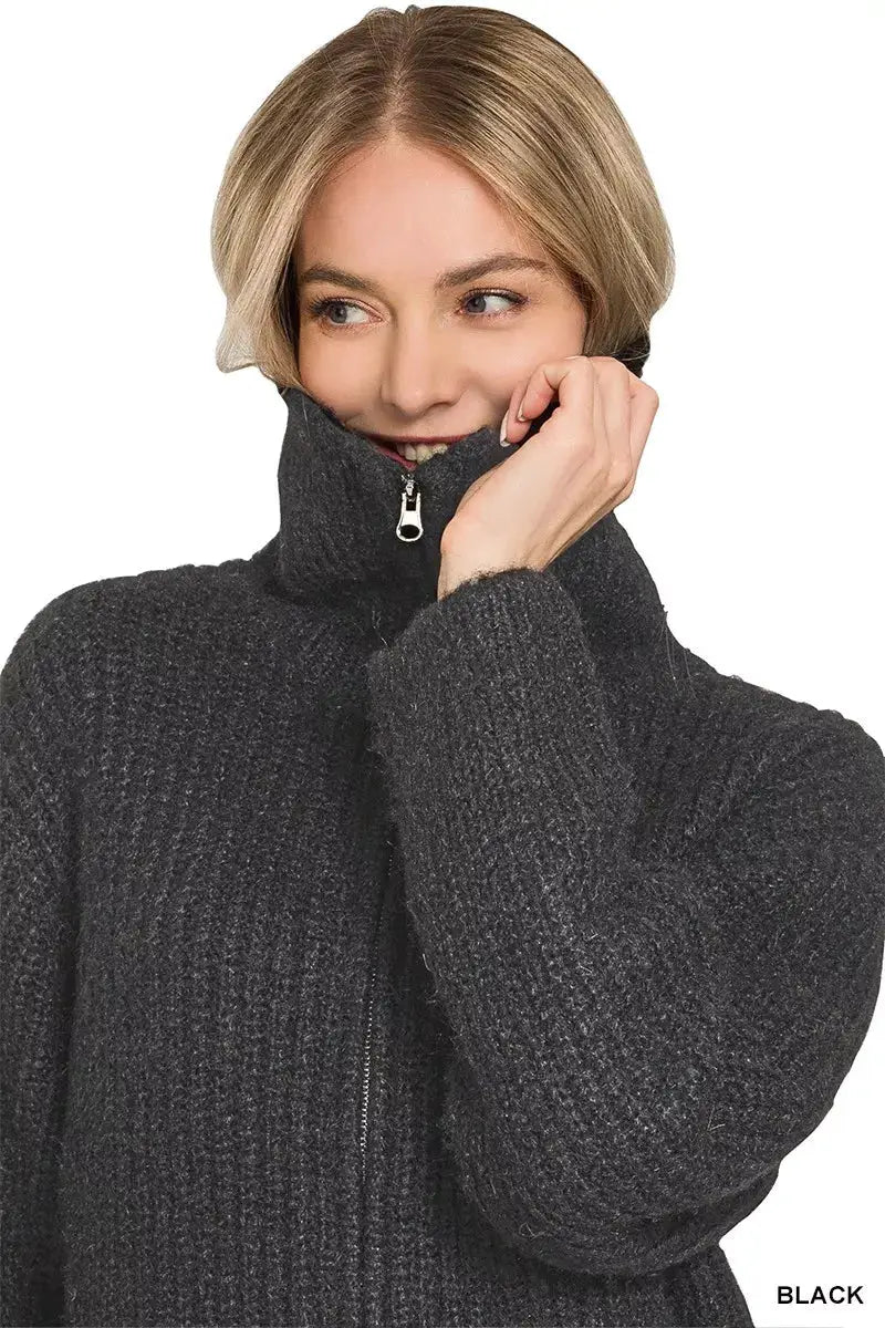 Zenana High Neck Full Zip Sweater Cardigan by Trendsi