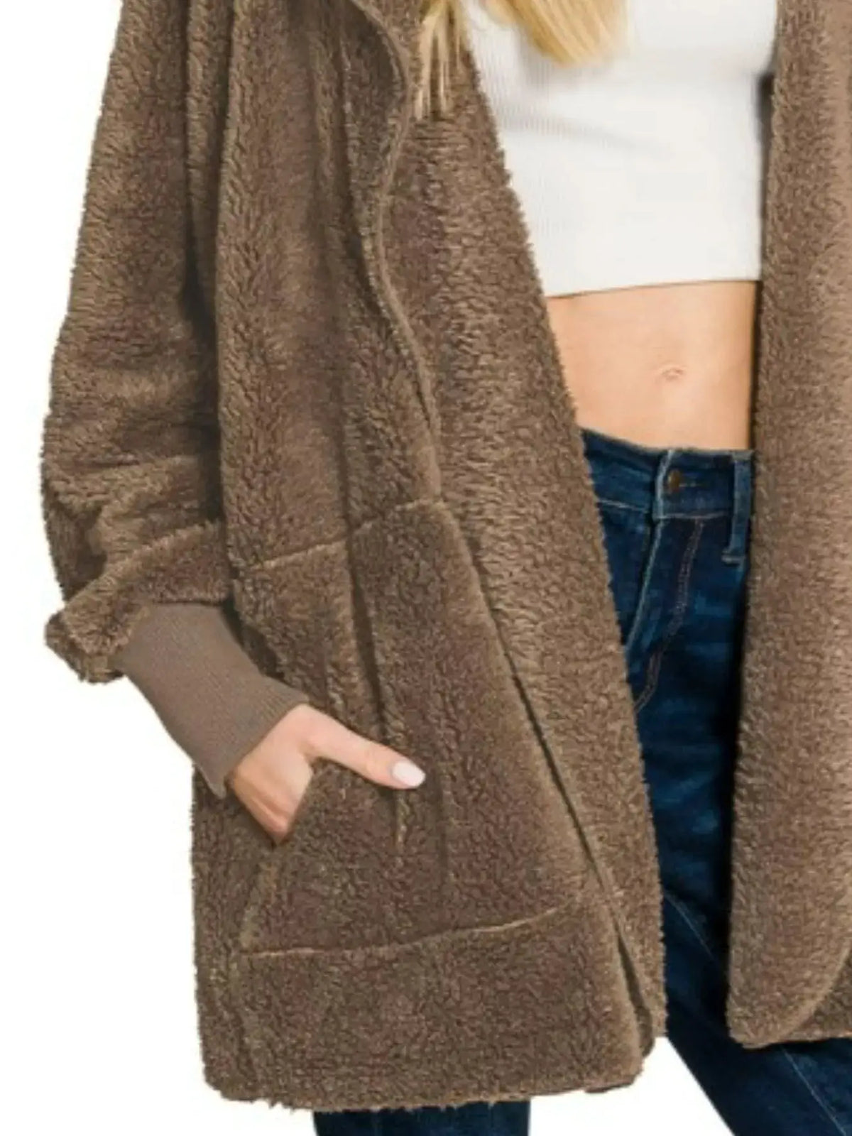 Zenana Hooded Faux Fur Jacket with Pockets by Trendsi