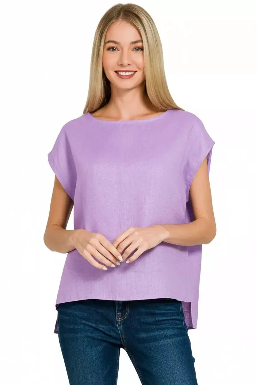 Zenana Linen Round Neck Cap Sleeve Top by Trendsi