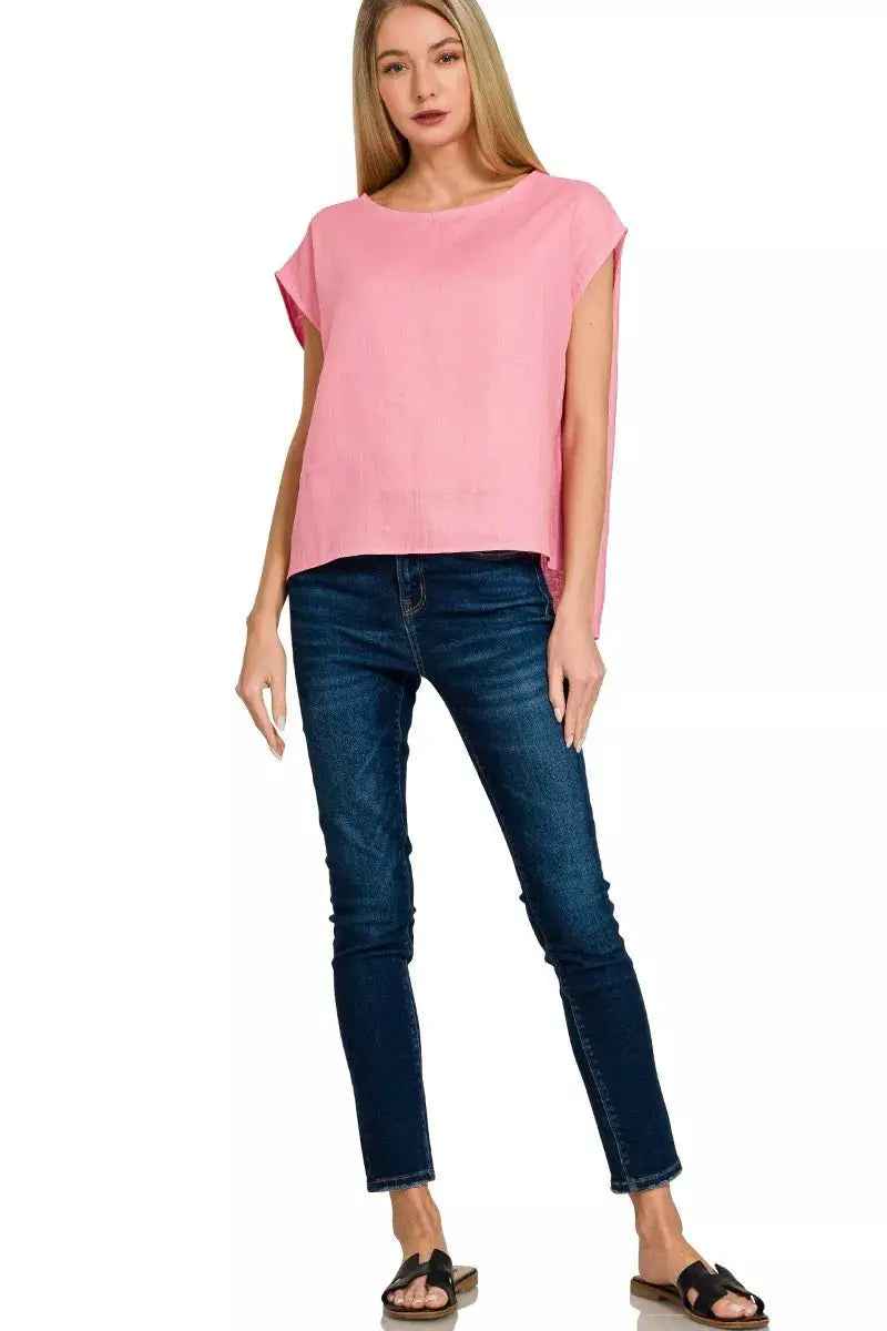 Zenana Linen Round Neck Cap Sleeve Top by Trendsi