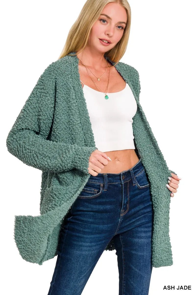 Zenana Long Sleeve Popcorn Sweater Cardigan with Pockets - Bitsy Gypsy Boutique