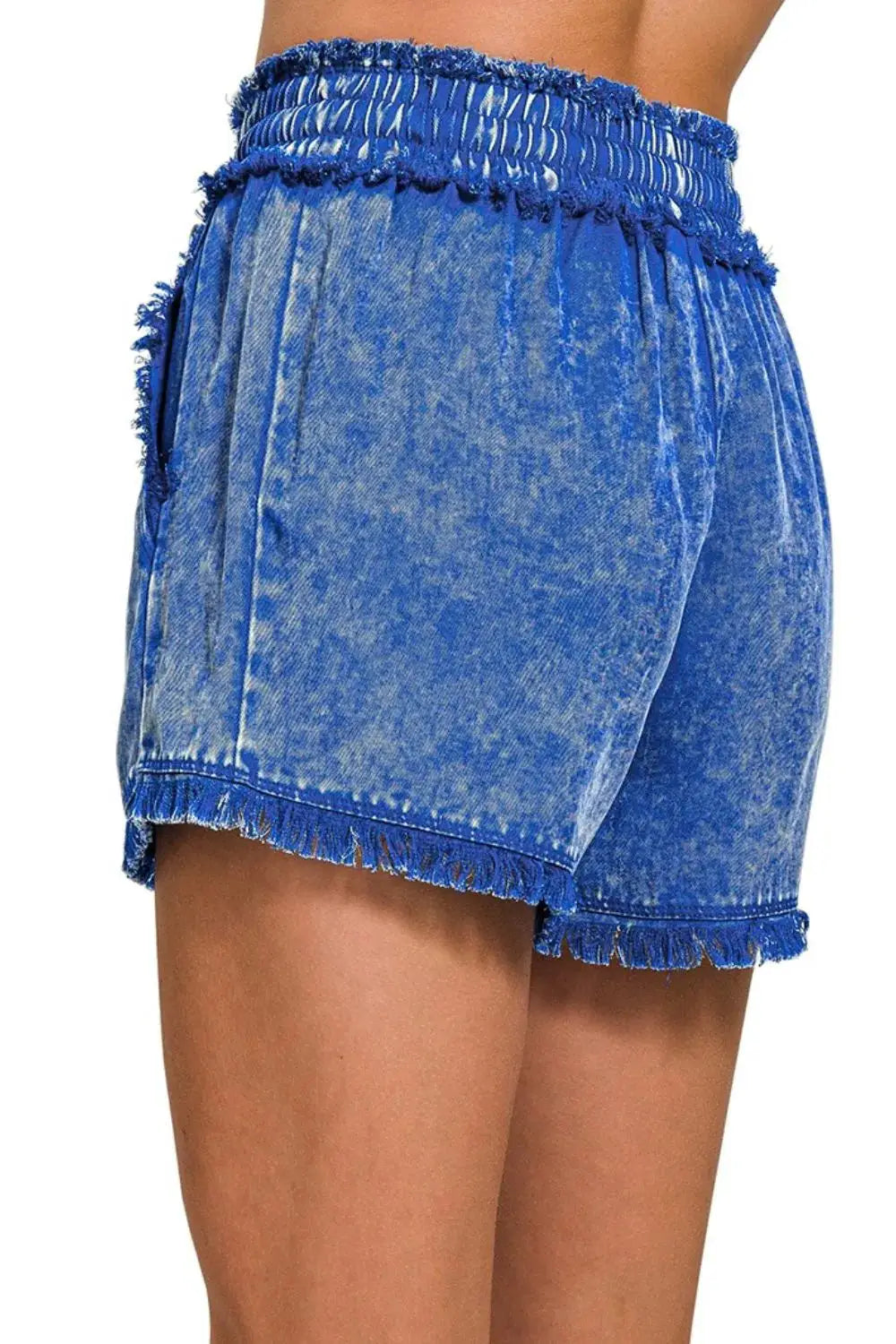 Zenana Mineral Frayed Hem Washed Shorts by Trendsi