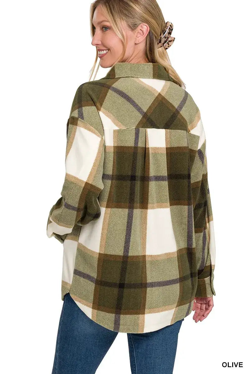 Zenana Oversized Plaid Fleece Shacket by Trendsi