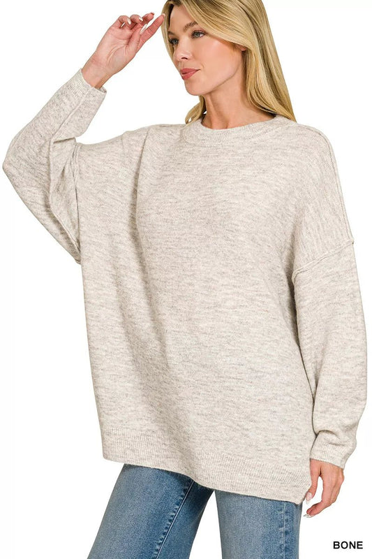 Zenana Oversized Round Neck Exposed Seam Melange Sweater - Bitsy Gypsy Boutique