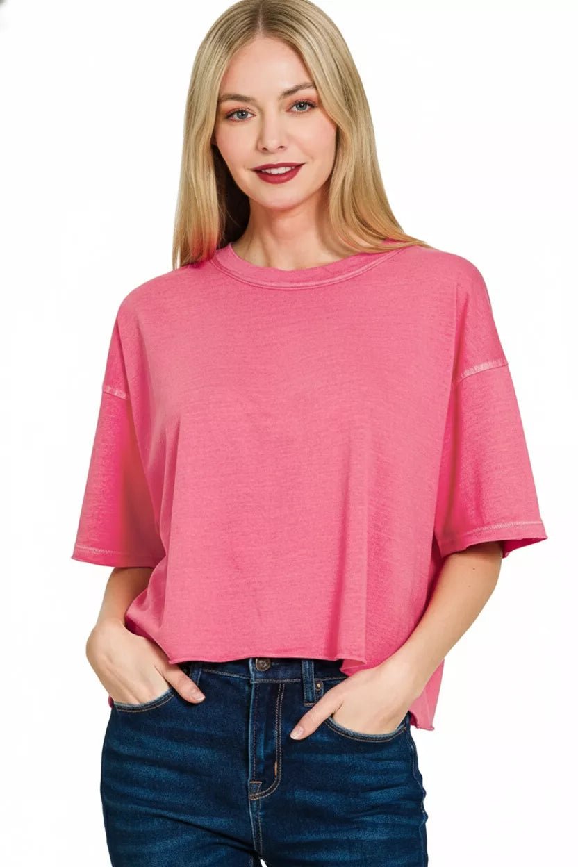 Zenana Pigment Dye & Enzyme Washed Oversized Crop Box Tee - Bitsy Gypsy Boutique