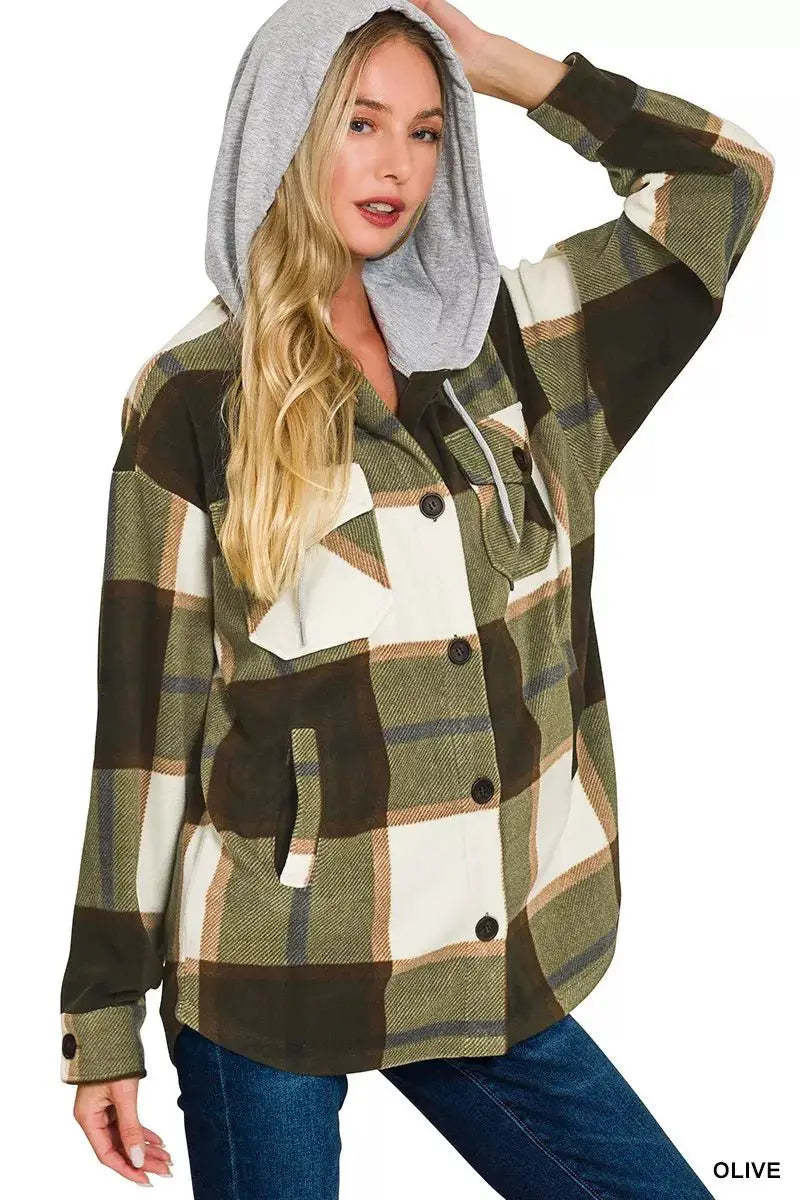 Zenana Plaid Drawstring Hooded Fleece Shacket by Trendsi