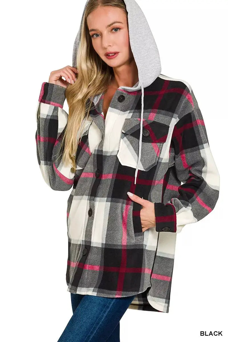 Zenana Plaid Drawstring Hooded Fleece Shacket by Trendsi