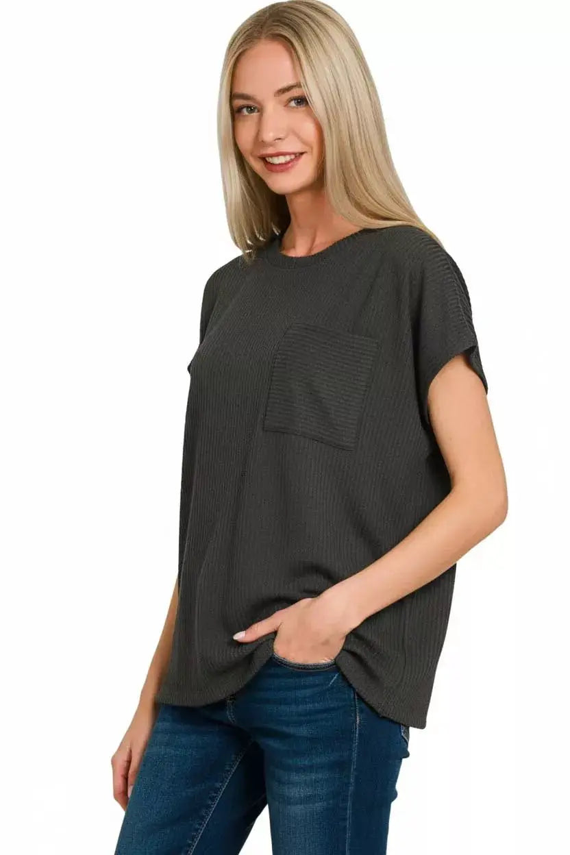 Zenana Raised Rib Front Pocket Boxy Top by Trendsi