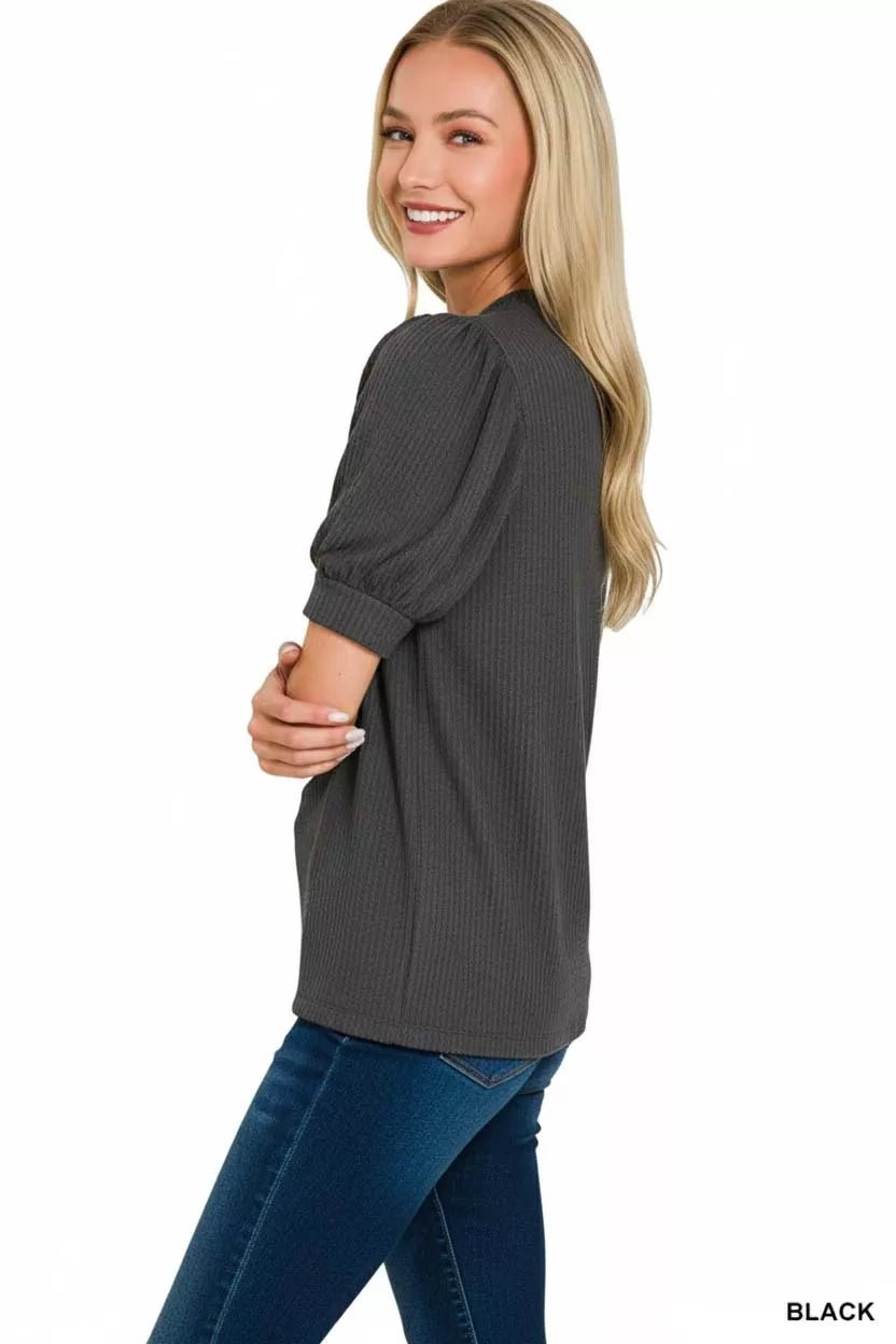 Zenana Raised Rib Puff Sleeve Top - Bitsy Gypsy Boutique