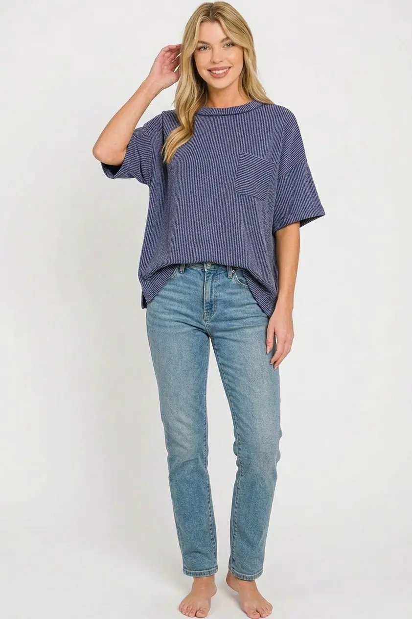 Zenana Raised Rib Short Sleeve Front Pocket Top by Trendsi