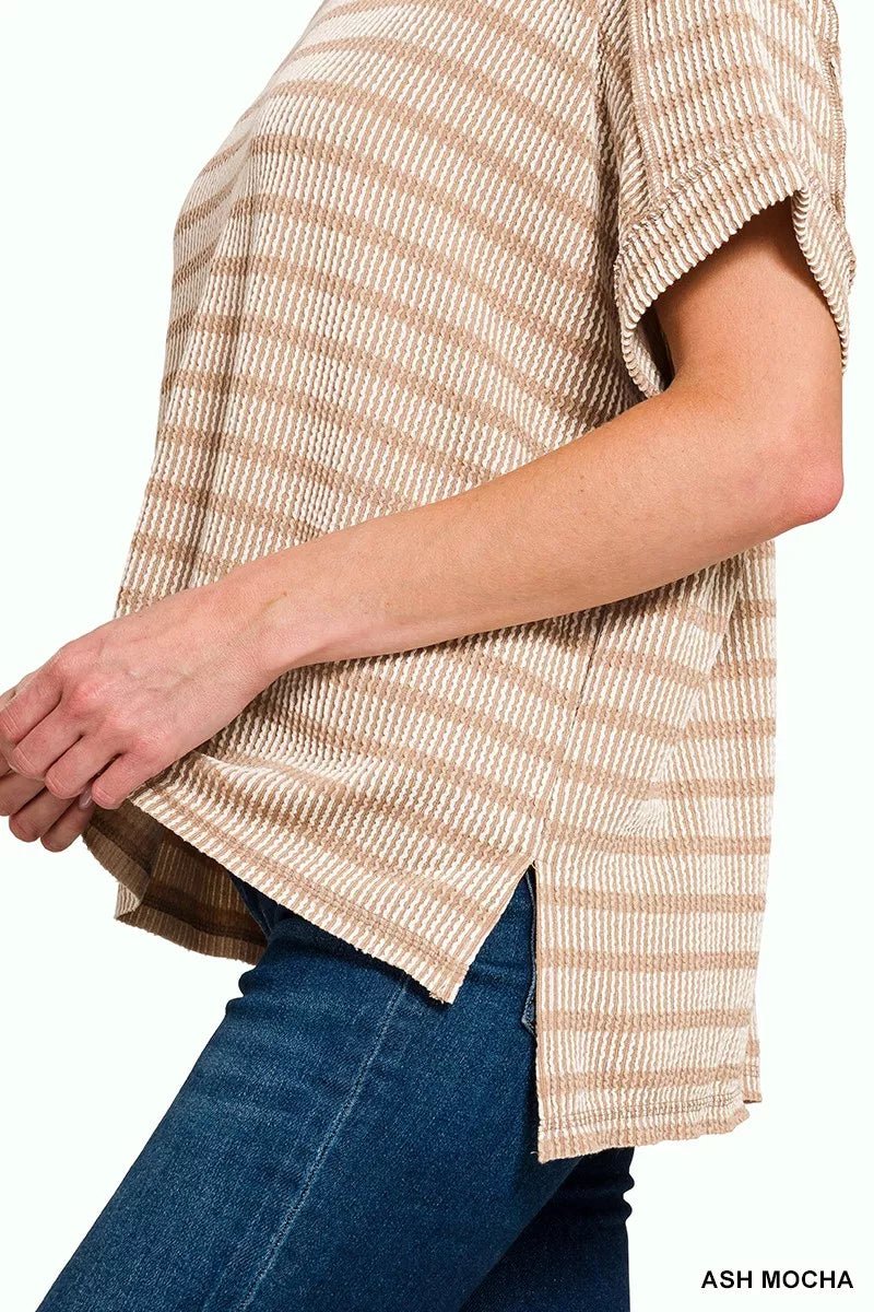 Zenana Raised Rib Striped Exposed Seam Top - Bitsy Gypsy Boutique