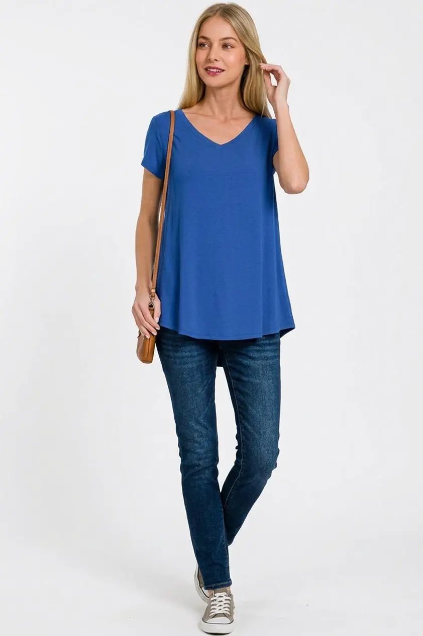 Zenana Rayon Short Sleeve V-neck Round Hem Top by Trendsi